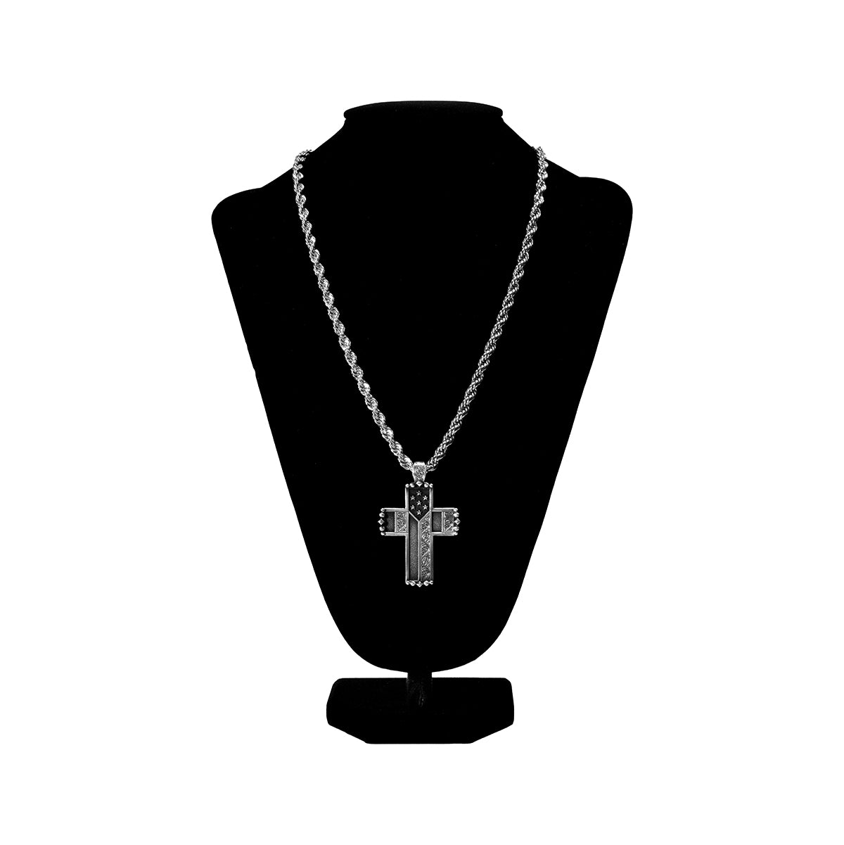 Mens Silver Strike necklace by M&F Western Products. Antique Silver finish Cross pendant with an engraved scrolling and star design and beaded edges. Hangs on 24 inch antique silver chain and lobster claw clasp.