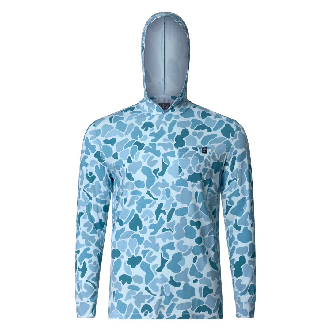 Men's wave blue camo bamboo hoodie with long sleeves and front chest pocket