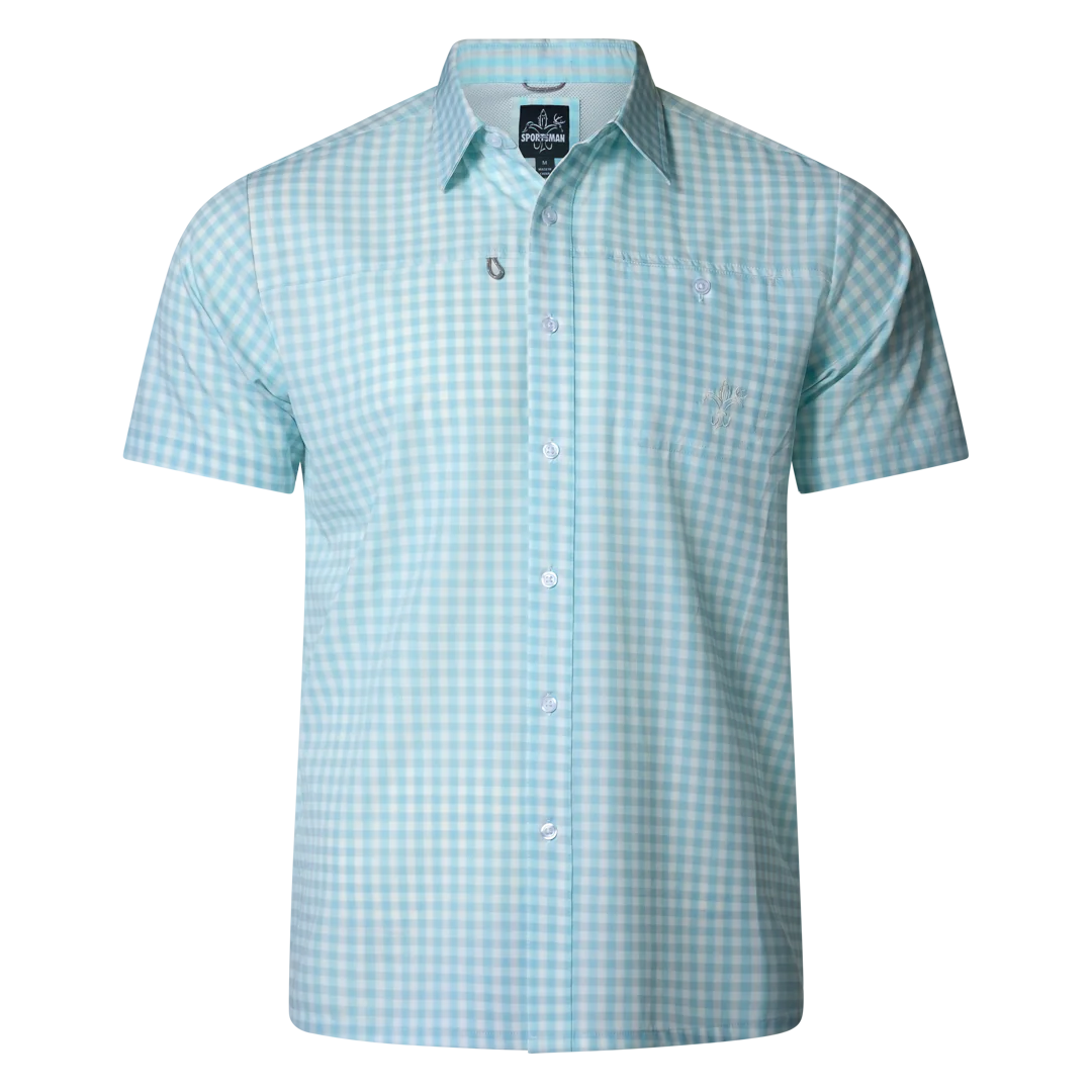 Light blue and white checkered short sleeve button-up men's fishing shirt