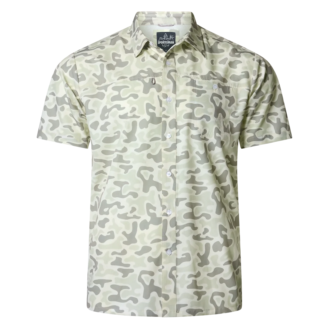 Short sleeve button-up shirt with light camouflage pattern, front chest pockets.