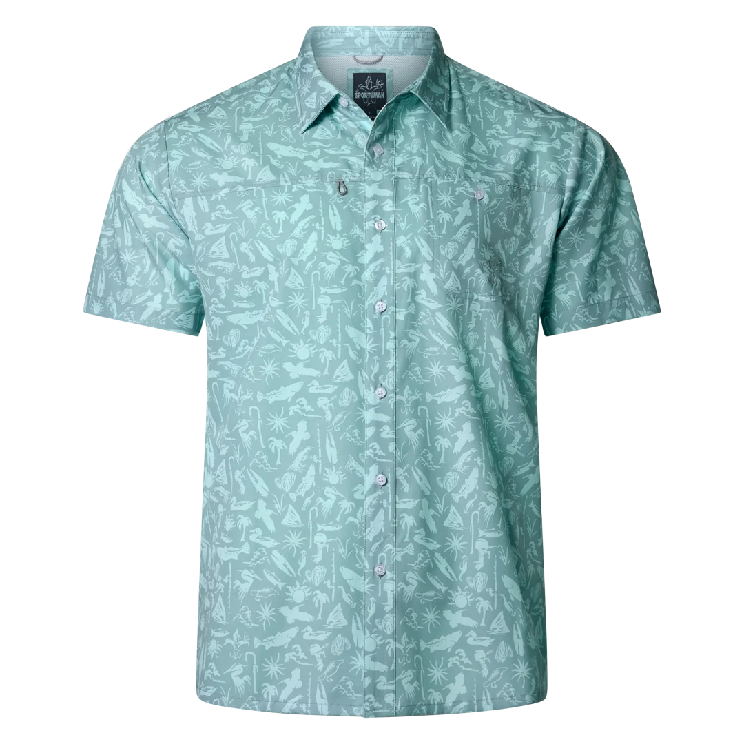 Light green short-sleeve fly fishing shirt with outdoor pattern and button front