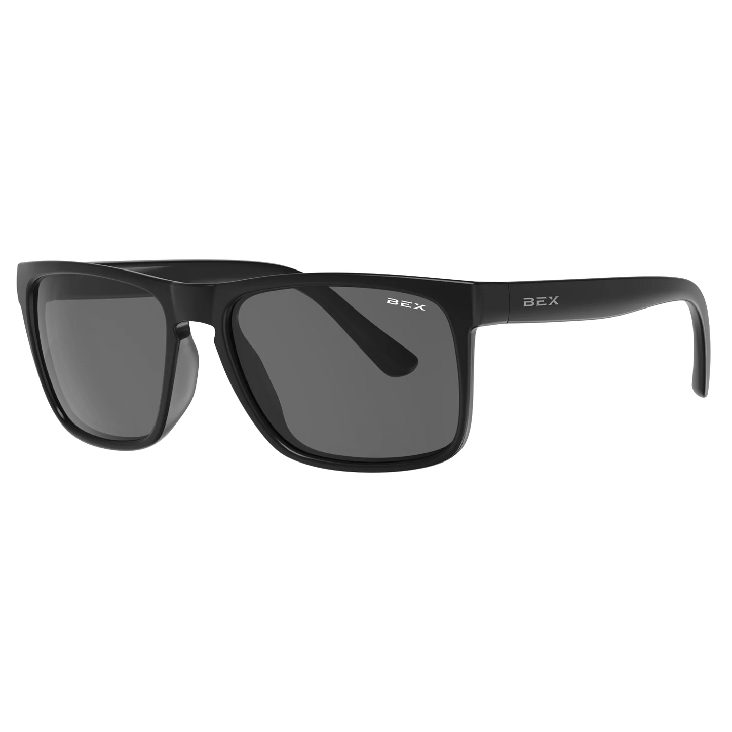 Black square sunglasses with gray lenses and subtle logo on the frame