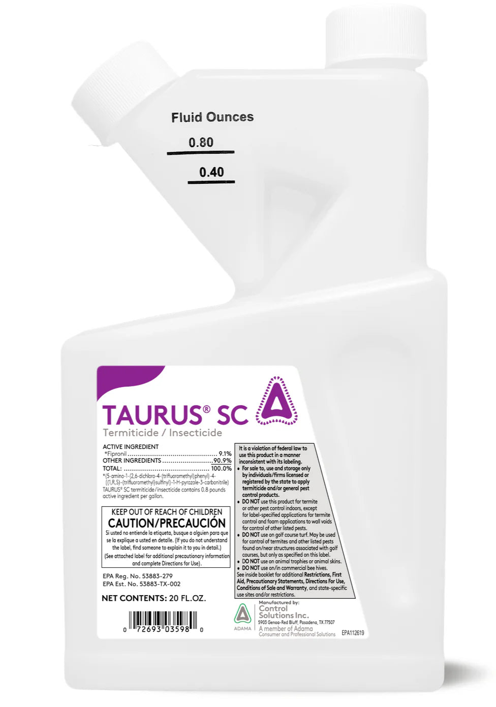 Taurus SC 20 oz insecticide bottle, labeled for termite and pest control use