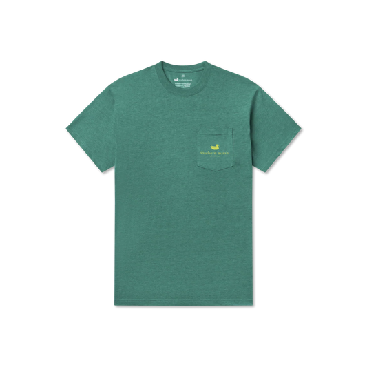 Green t-shirt with a small logo on a white background