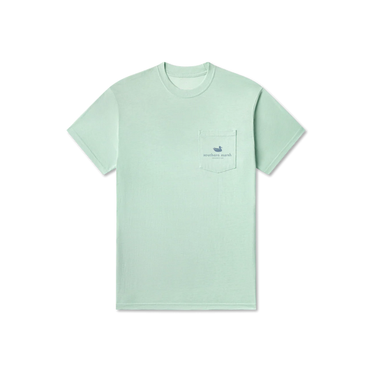 Light green t-shirt with a small logo on a white background