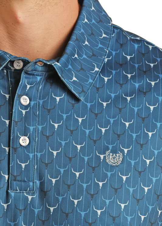 Blue button-up polo shirt with white and navy longhorn skull pattern and embroidered logo
