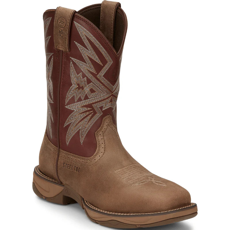 Brown steel toe western work boot with embroidered shaft and pull tabs