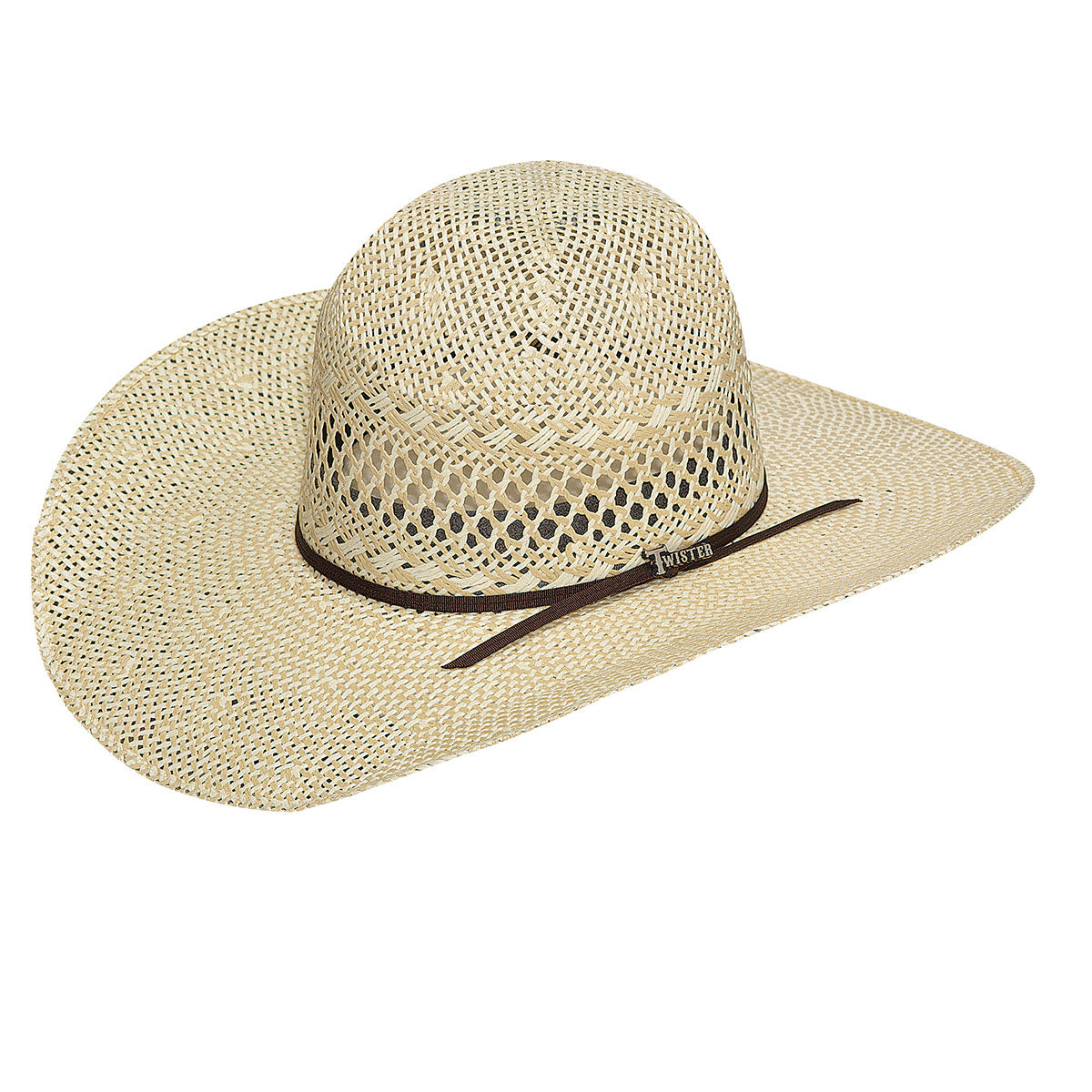 Twisted weave straw western hat with wide brim and brown hatband