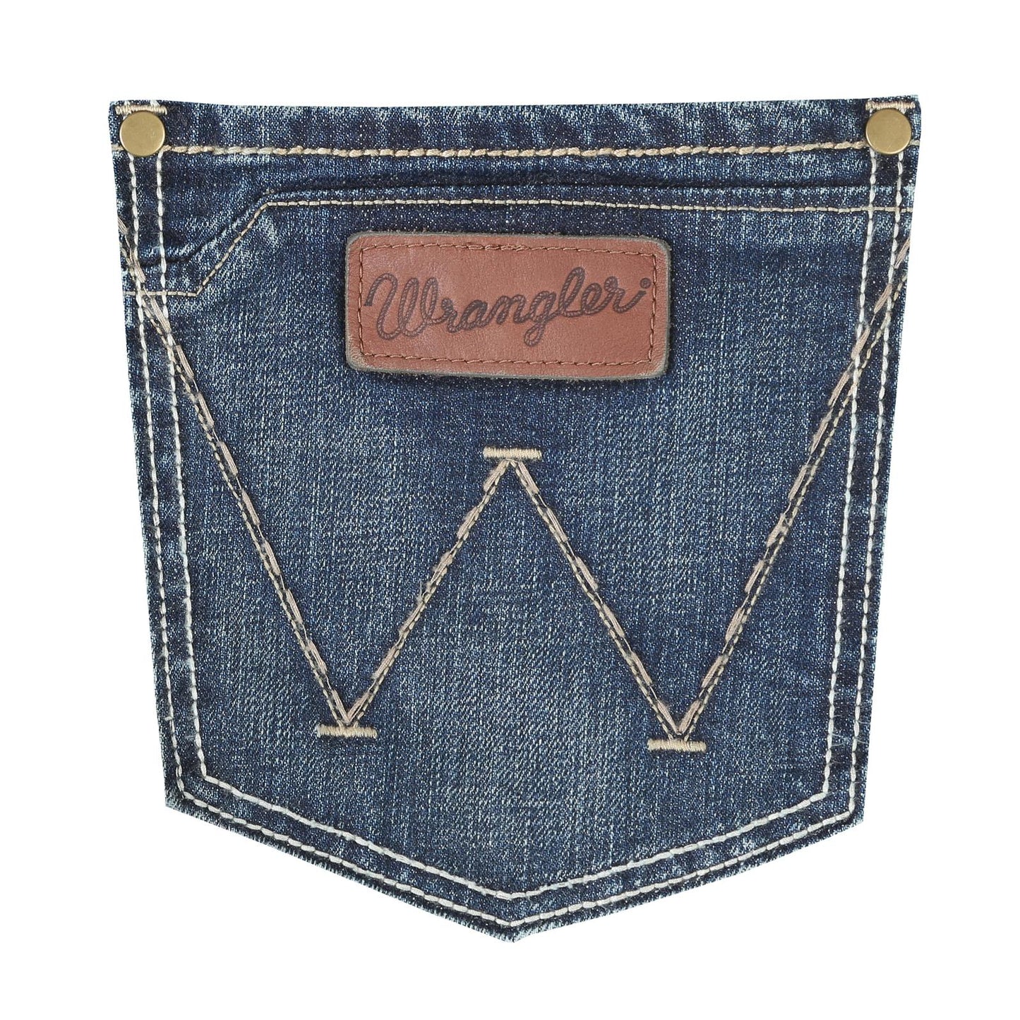 Denim jean back pocket with brown leather accent and decorative stitching.