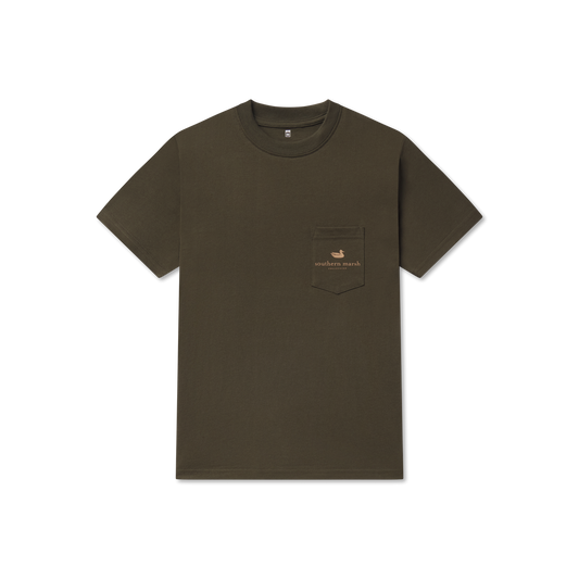 Olive green short-sleeve t-shirt with front pocket and Southern Marsh logo