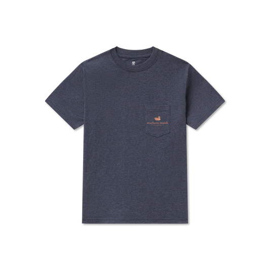 Heather navy short sleeve t-shirt with chest pocket and small orange duck logo.