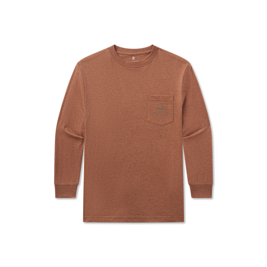 Brown long sleeve crew neck shirt with chest pocket, laid flat on white background