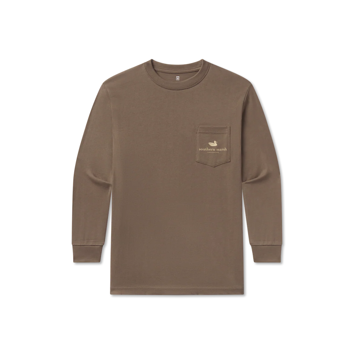 Brown long sleeve shirt with front pocket and gold duck logo, outdoor casual apparel
