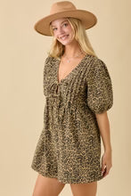 Leopard Print Denim Romper With Pleat And Tie