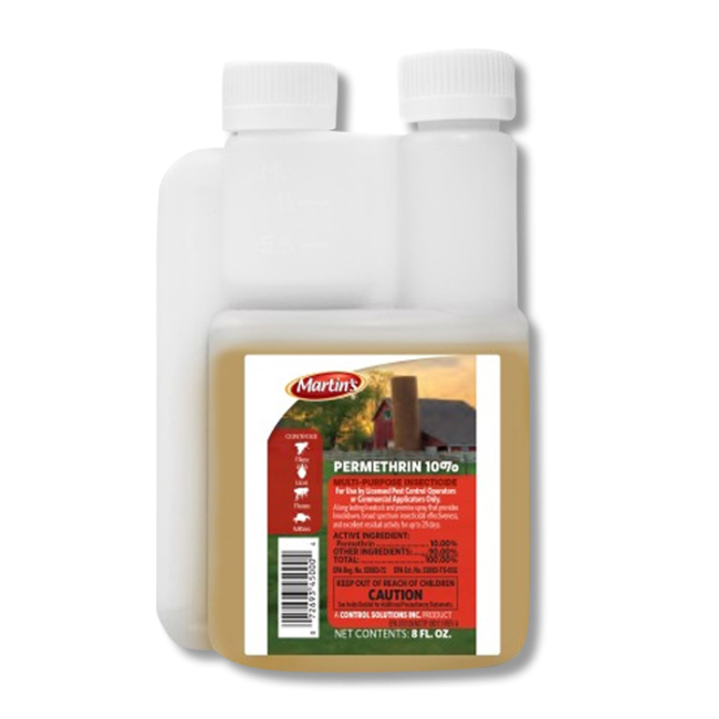 Martins Permethrin 10% insecticide 8 oz bottle with measuring chamber and red label