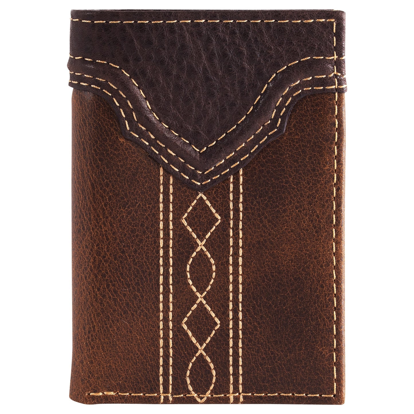 Brown leather wallet with decorative stitching on a white background