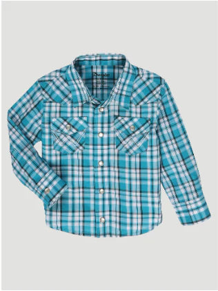 Blue and white plaid long-sleeve button-up shirt with front pockets