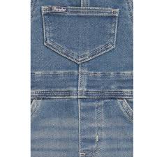 Close-up of blue denim jeans back pocket with visible stitching and fabric texture