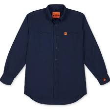 Navy blue long sleeve button-up work shirt with chest pockets and orange logo patch