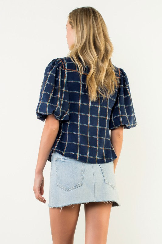 Puff Sleeve Plaid Corduroy Top