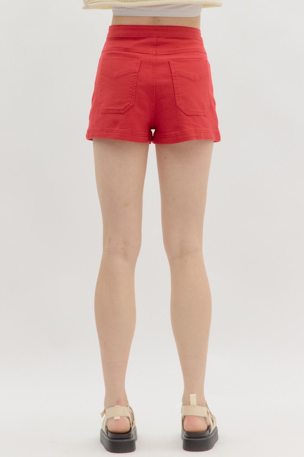 Entro - Red Pleated Denim Shorts P26350