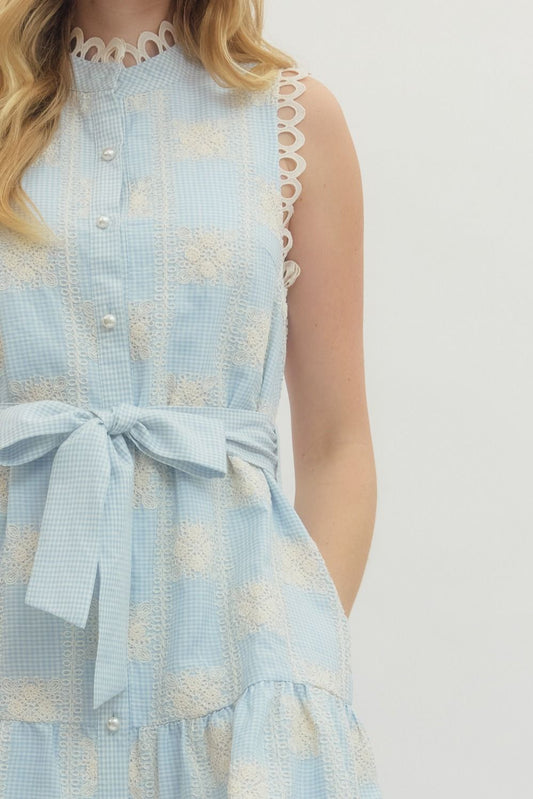 Gingham embroidered sleeveless mini dress