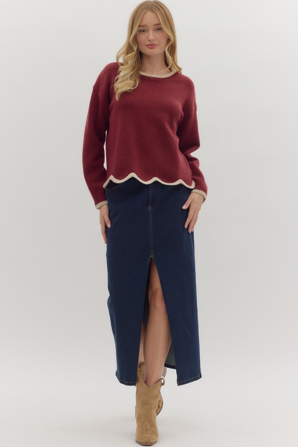 Burgundy Scalloped Sweater