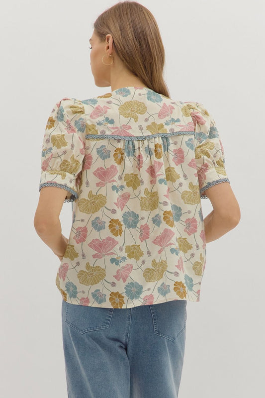 Botanical Print Puff Sleeve Top
