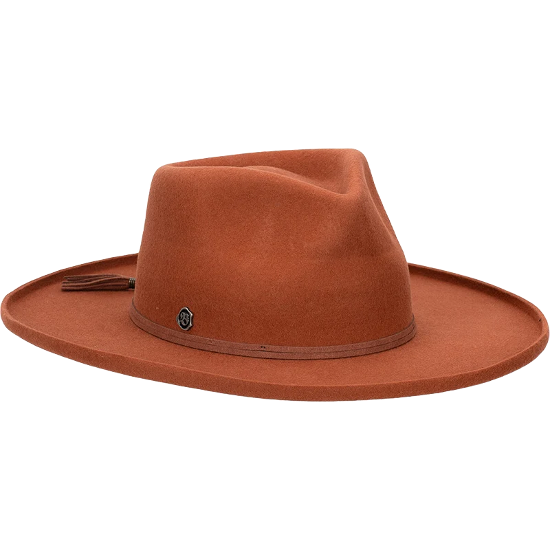 Rust brown wide-brim felt cowboy hat with a leather band and side pin detail