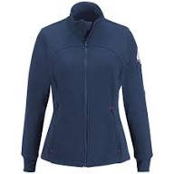 Navy blue women's zip-up jacket with long sleeves and a stand-up collar