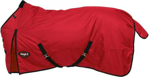Red horse turnout blanket with black trim and adjustable straps, side view
