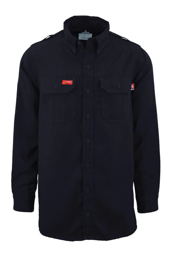 Navy long sleeve work shirt with button front, chest pockets, and red logo patches