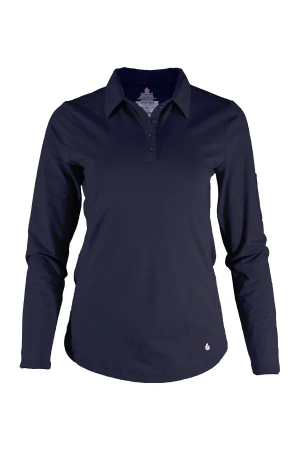 Navy blue women's long sleeve polo shirt with collar and button placket front