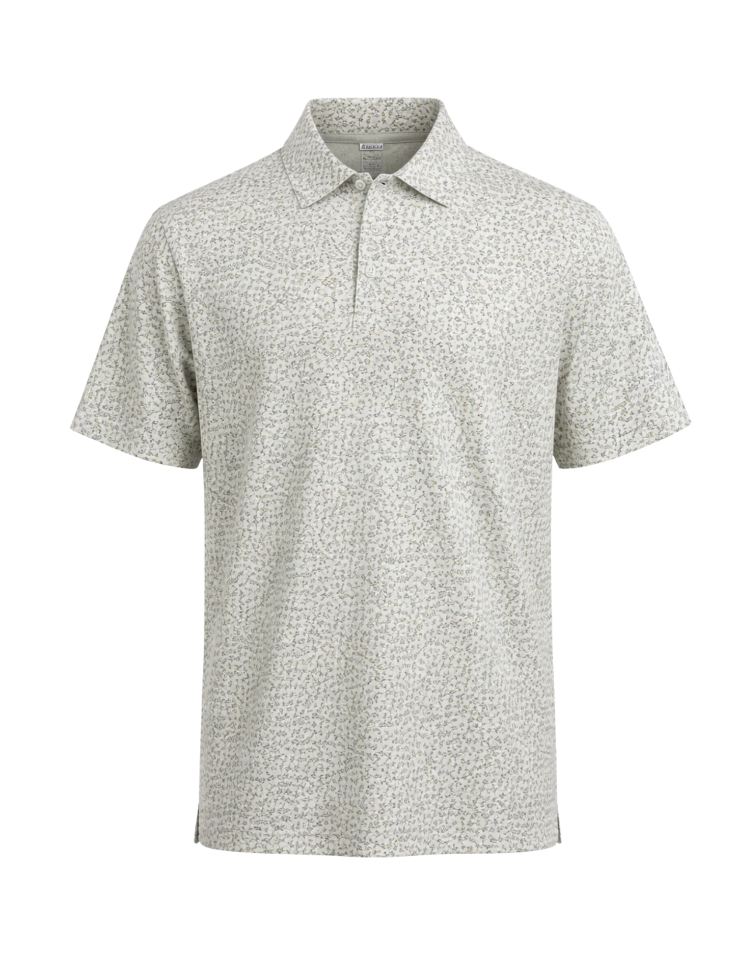 A short-sleeve polo shirt with a fine micro-pattern of small dark spots on a light beige or off-white base, presented on a clean white background.
