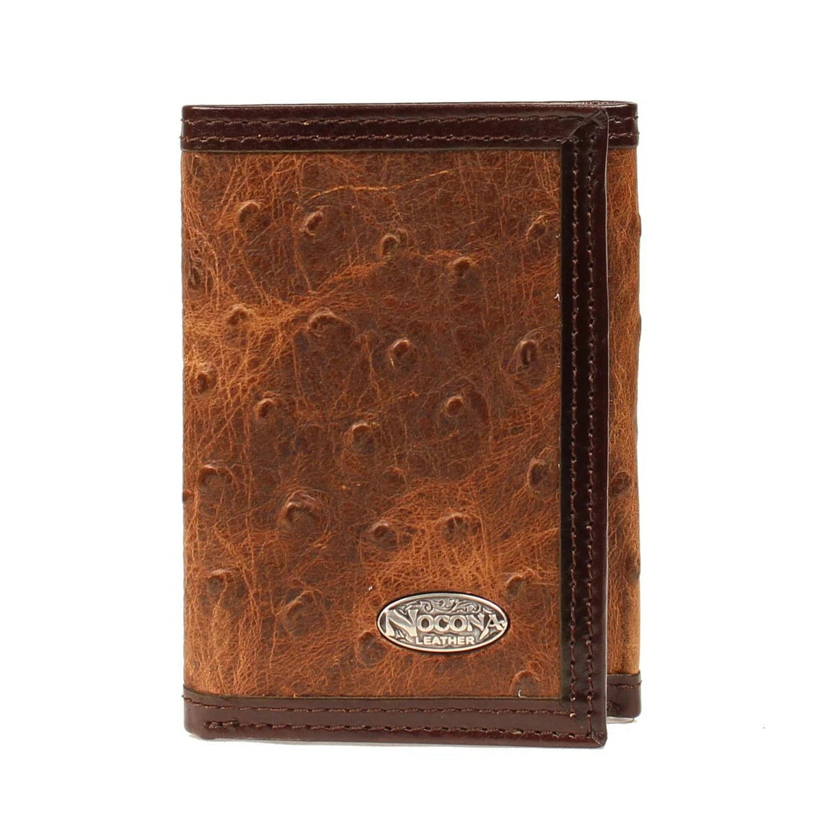 Nocona Mens Ostrich Brown Print Leather Tri-Fold Wallet Western Cowboy