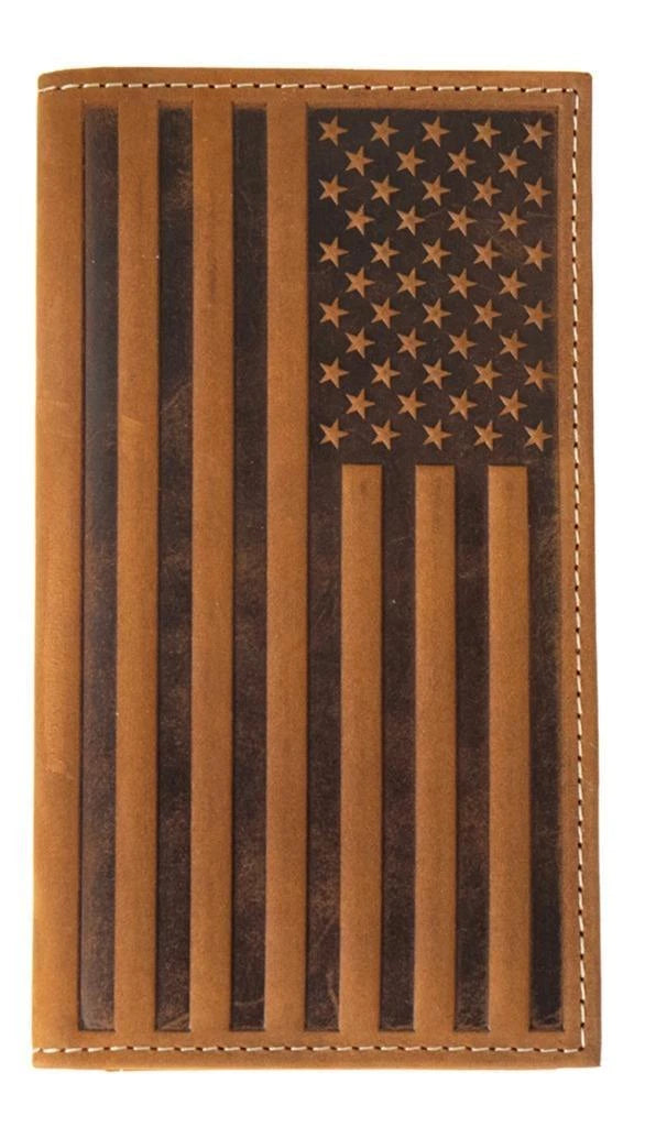 Nocona Western Mens Wallet Rodeo Leather Embossed American Flag Brown