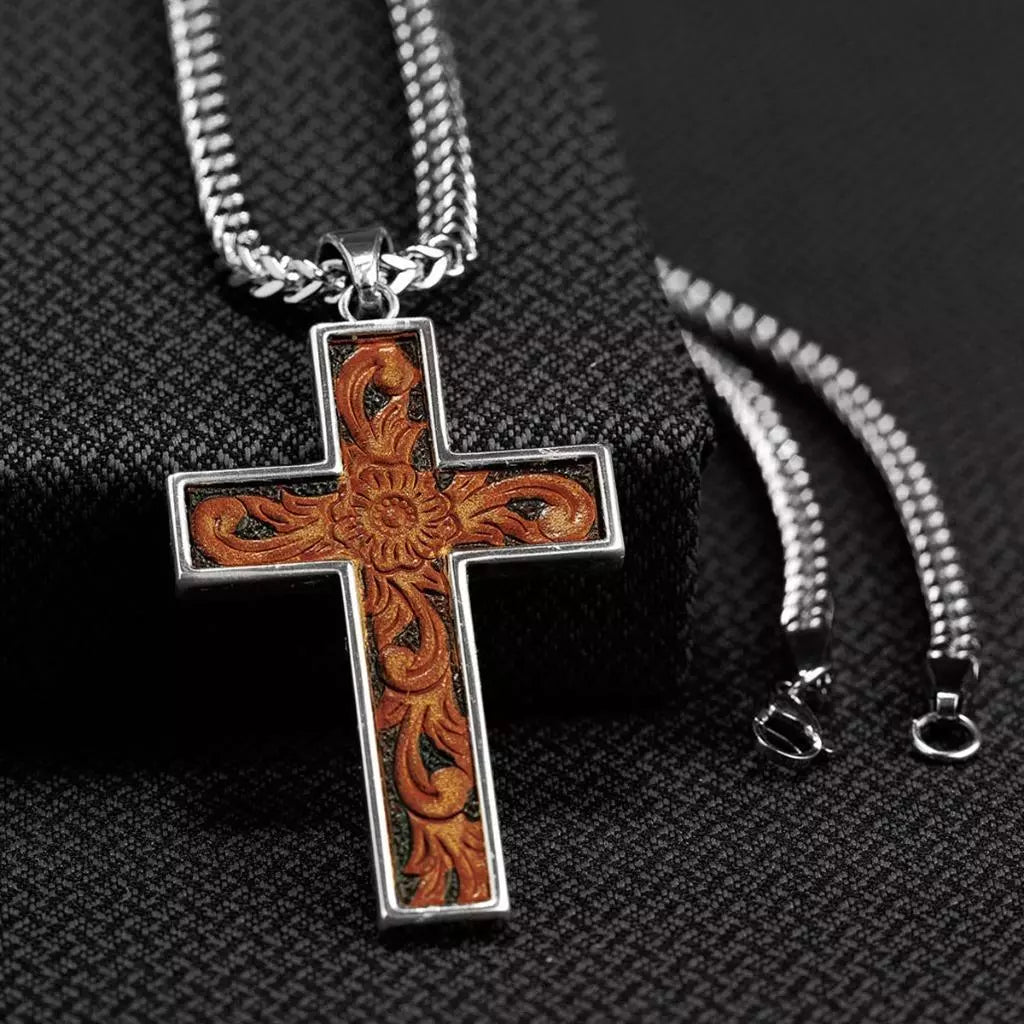 Twister Western Jewelry Mens Necklace Leather Inlay Cross
