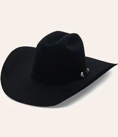 Black wide-brim cowboy hat with curved brim and decorative band on a neutral background.