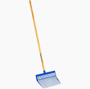 Blue plastic rake with long wooden handle for outdoor yard and garden use