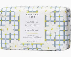 Beekman 1802 Vanilla Absolute goat milk soap bar with floral and plaid pattern packaging