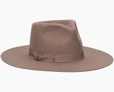 Wide brim tan felt fedora hat with ribbon accent, classic outdoor accessory