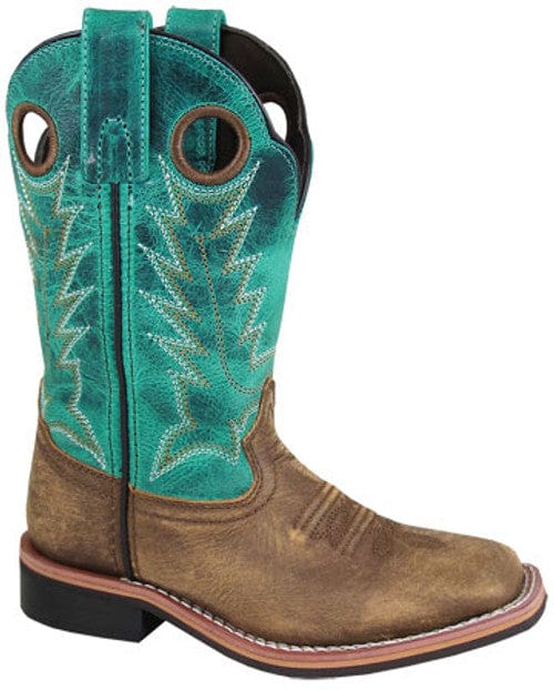 Youth western boot with brown foot and turquoise shaft, decorative stitching, square toe