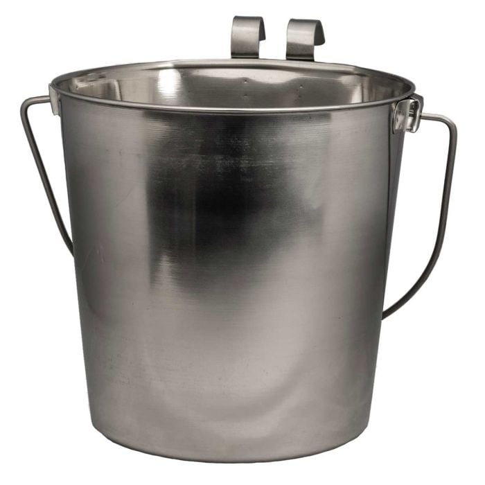 Stainless steel utility bucket with metal handle and wall hanging hooks