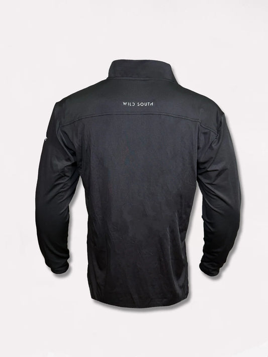 Black jacket with 'Wild South' branding on the back against a light gray background