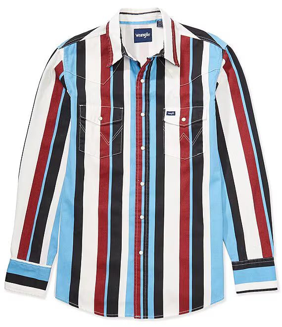 Long sleeve western shirt with bold vertical blue, red, black and white stripes