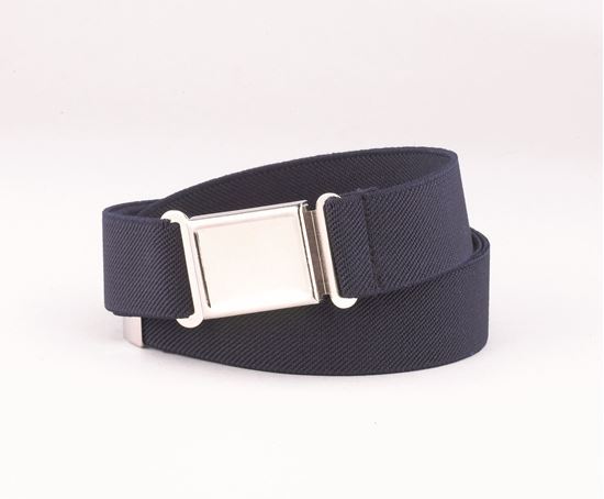 Navy belt with a silver buckle on a white background