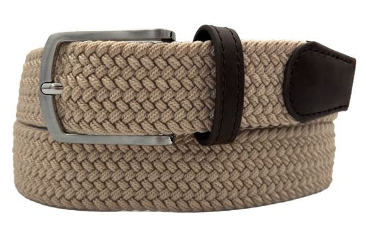 Beige woven belt with a silver buckle and brown leather tab on a white background