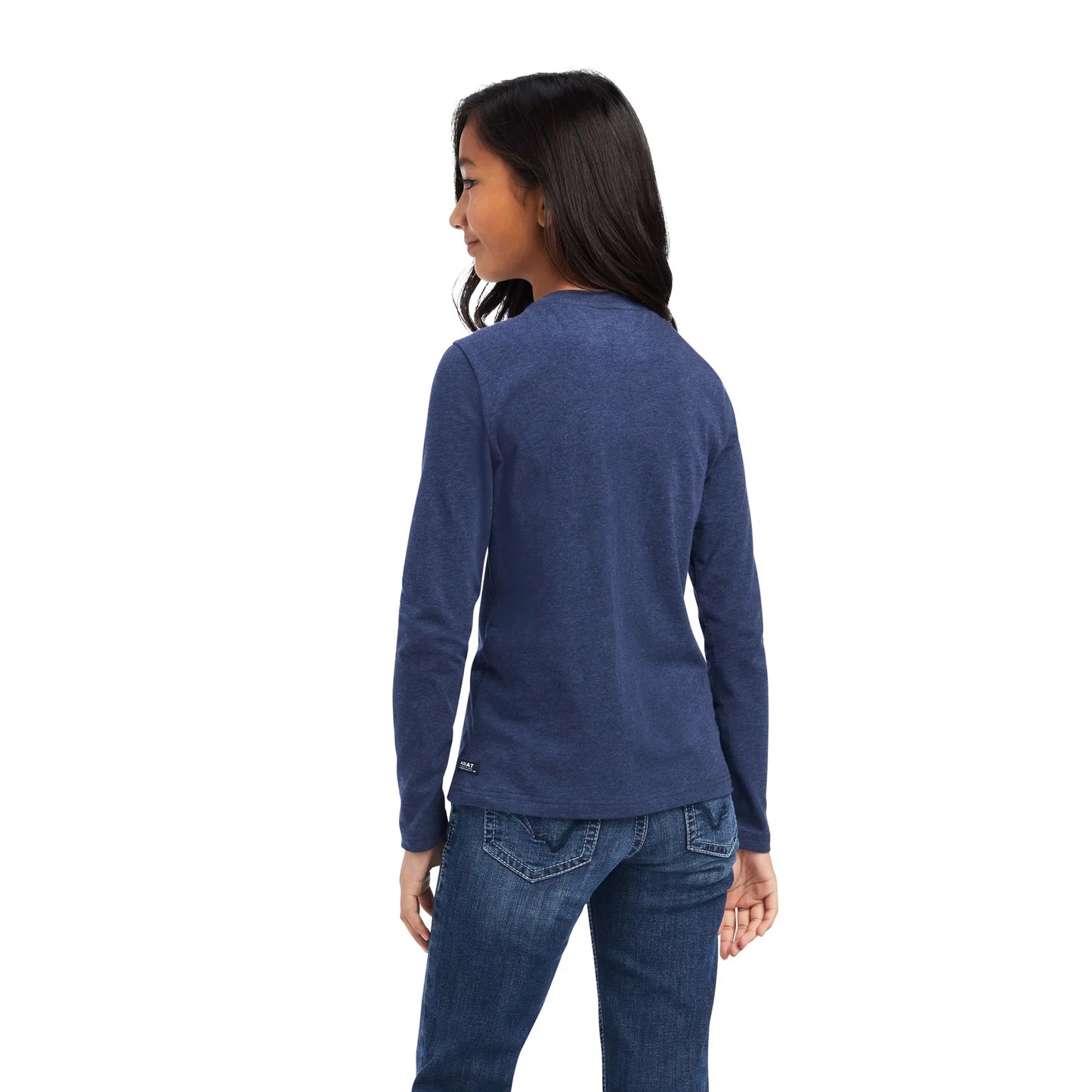 Girl wearing blue long sleeve shirt and jeans, back view, on white background
