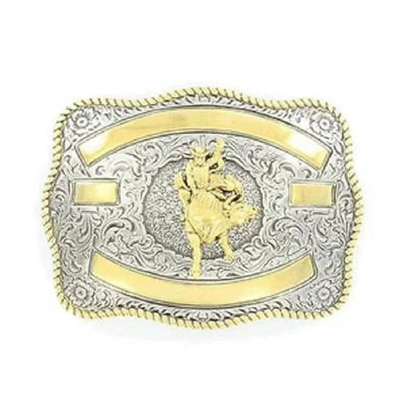 Belt buckle with gold and silver design on a white background
