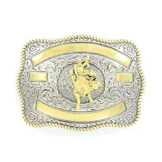 Belt buckle with gold and silver design on a white background